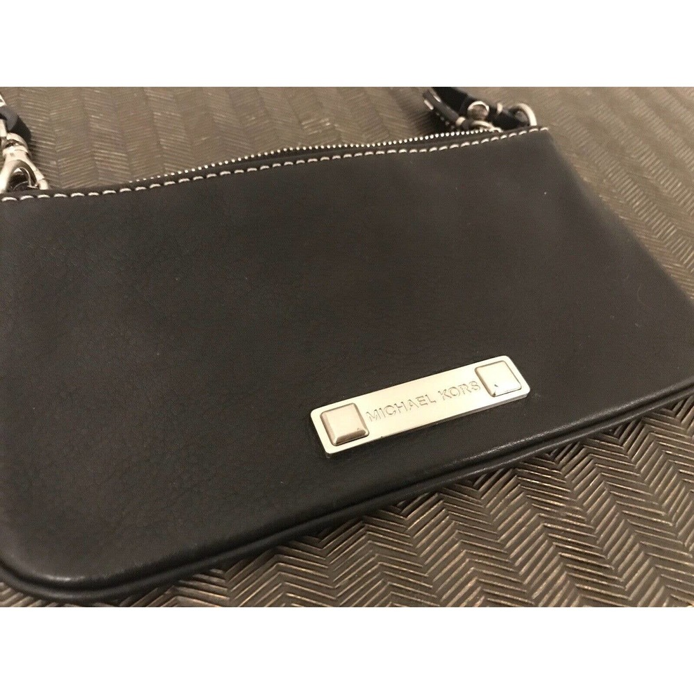 MICHAEL KORS Black Leather Wristlet, Silver Zip, Small Clutch Pouch
